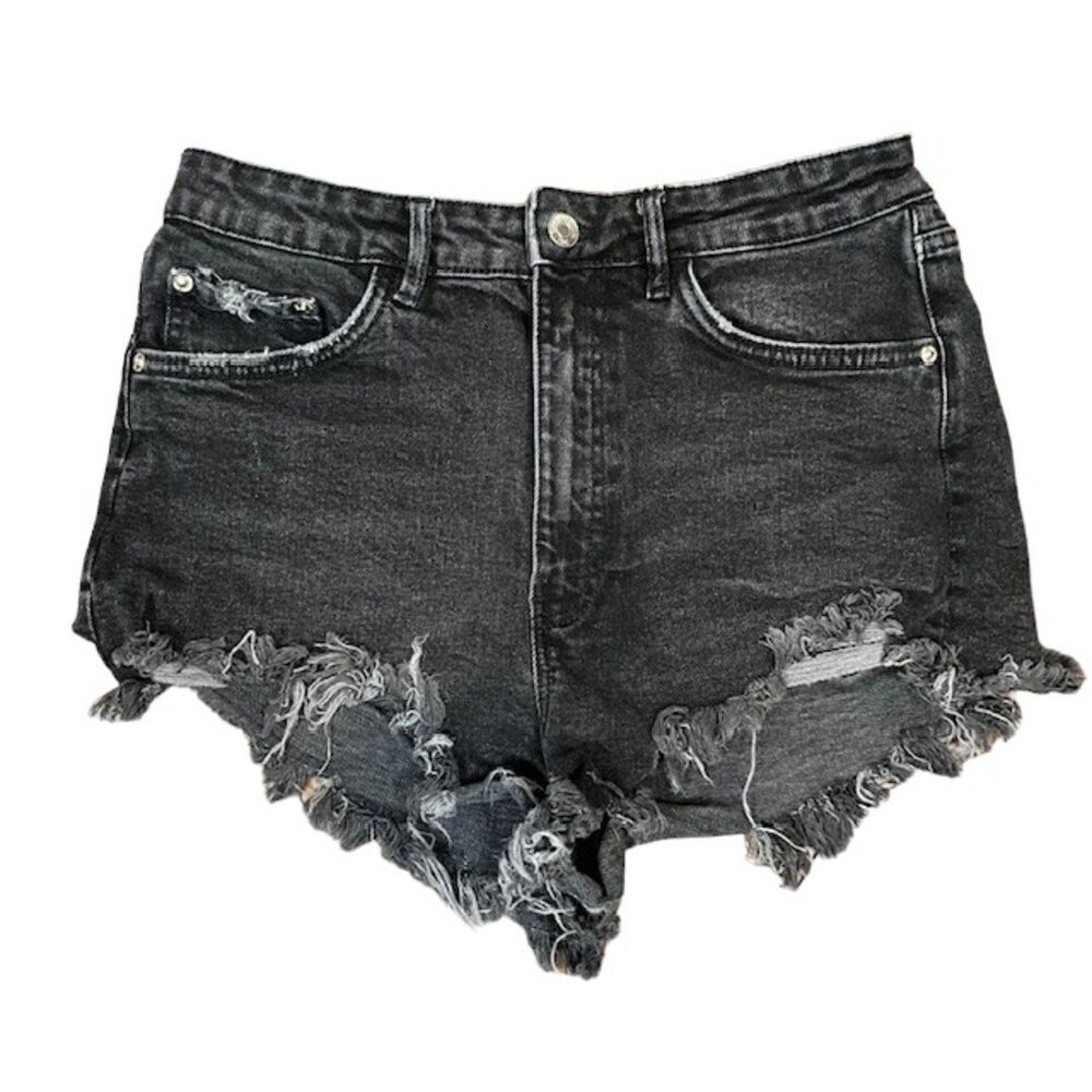 ZARA Black Denim Shorts Distressed Frayed Raw Hem Women's Size 10‎ High Waisted